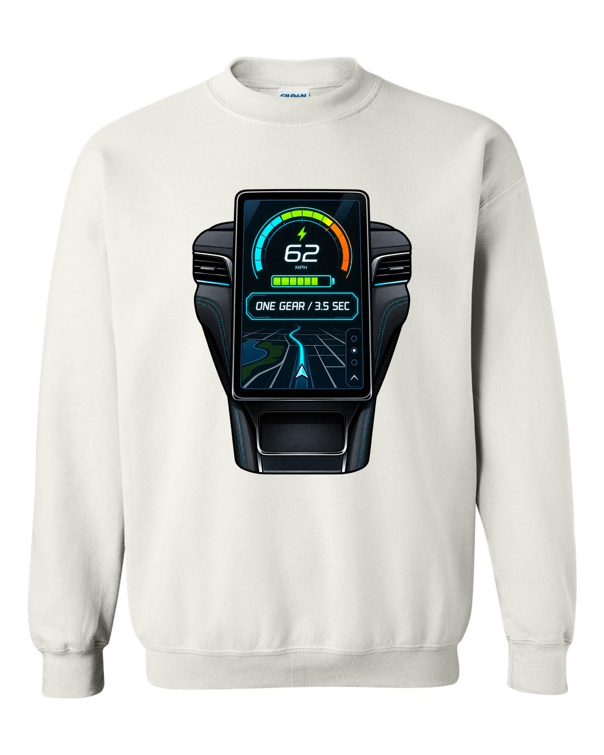 Round embroidery-style crest print for the 2020 Mustang Mach-E CX727 reading 88 kWh Extended Range white crewneck front view with the design