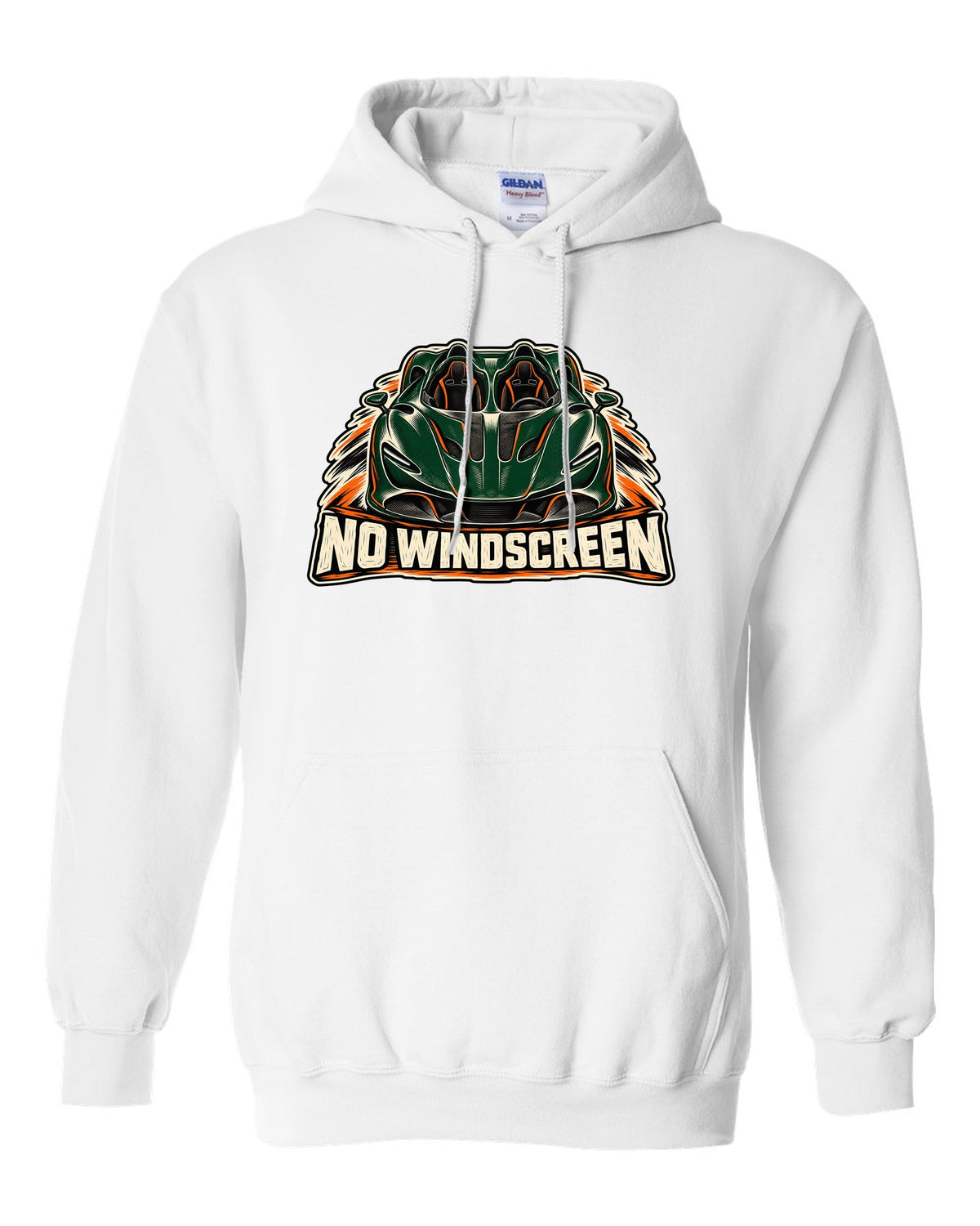McLaren Elva linocut print with accent colour and NO WINDSCREEN lettering white pull over hoodie front view with the design