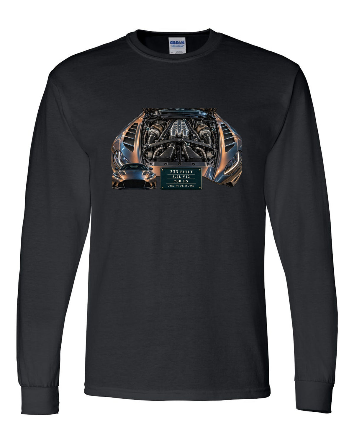 Aston Martin V12 Vantage 2022 engine hero print with 333 built 5.2L V12 700 PS text black long sleeve front view with the design