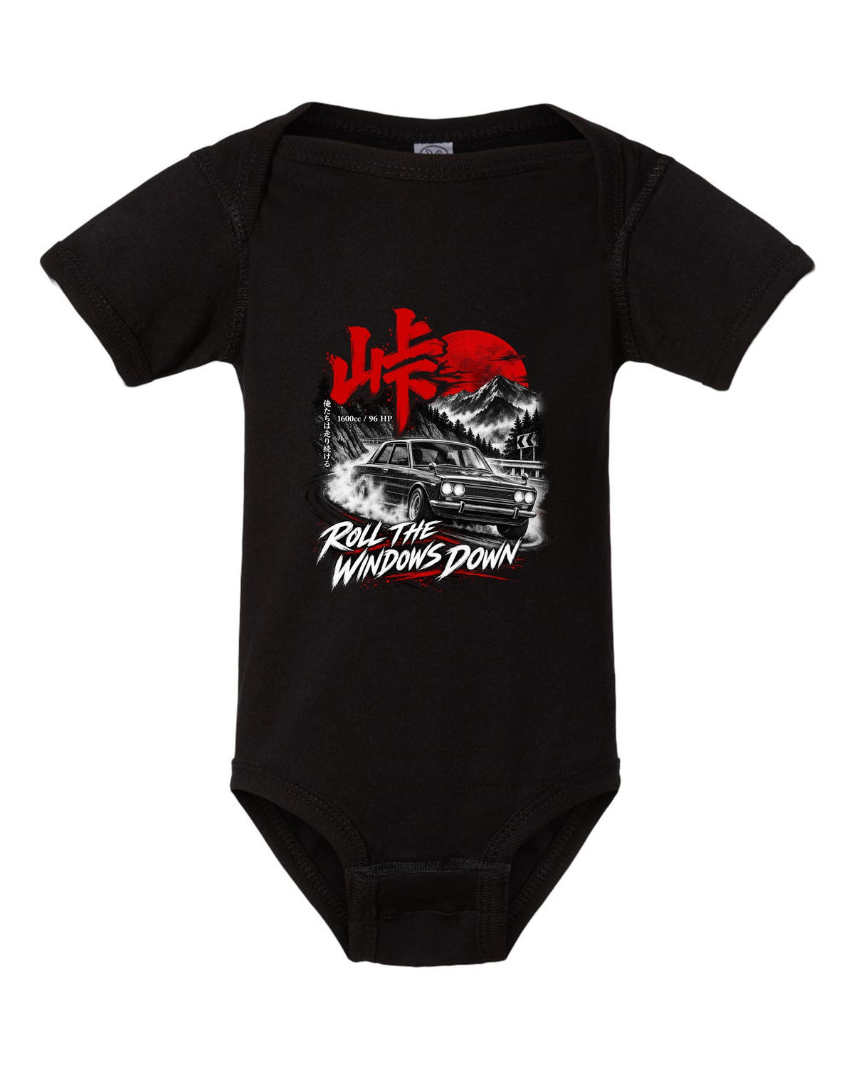 print of a Datsun 510 PL510 sedan on a mountain road at night with touge kanji black baby onesie front view with the design