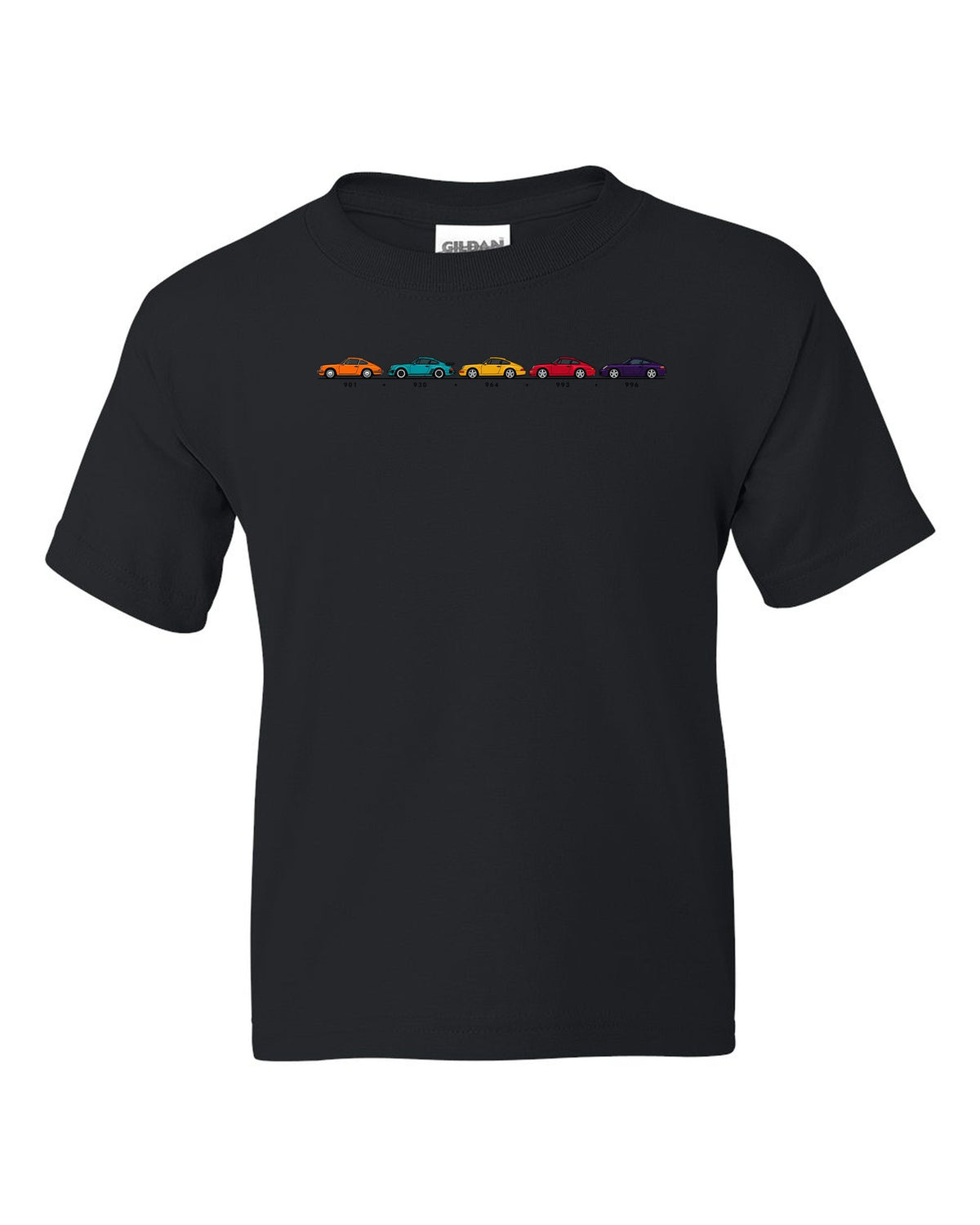 Retro Japanese showa advert style illustration of a 1955 Porsche 356 A Speedster black kids tee front view with the design