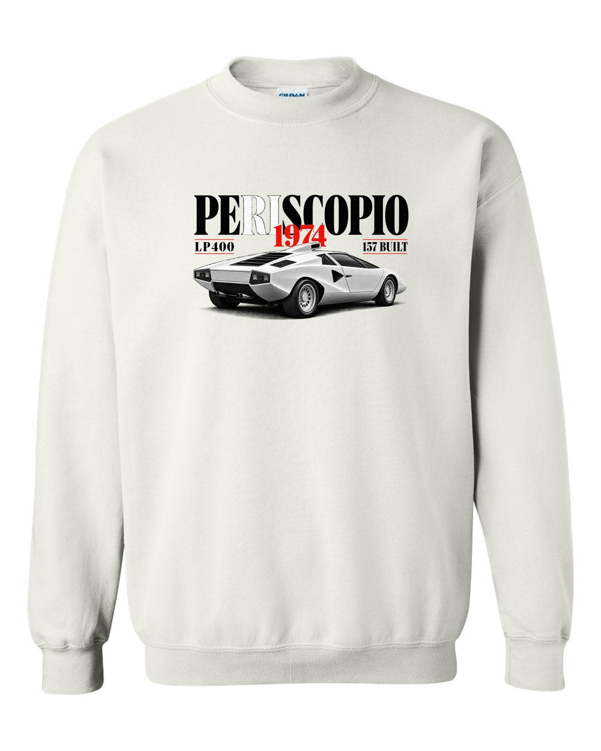 Editorial print of a Lamborghini Countach LP400 with periscopio and 157 built text white crewneck front view with the design