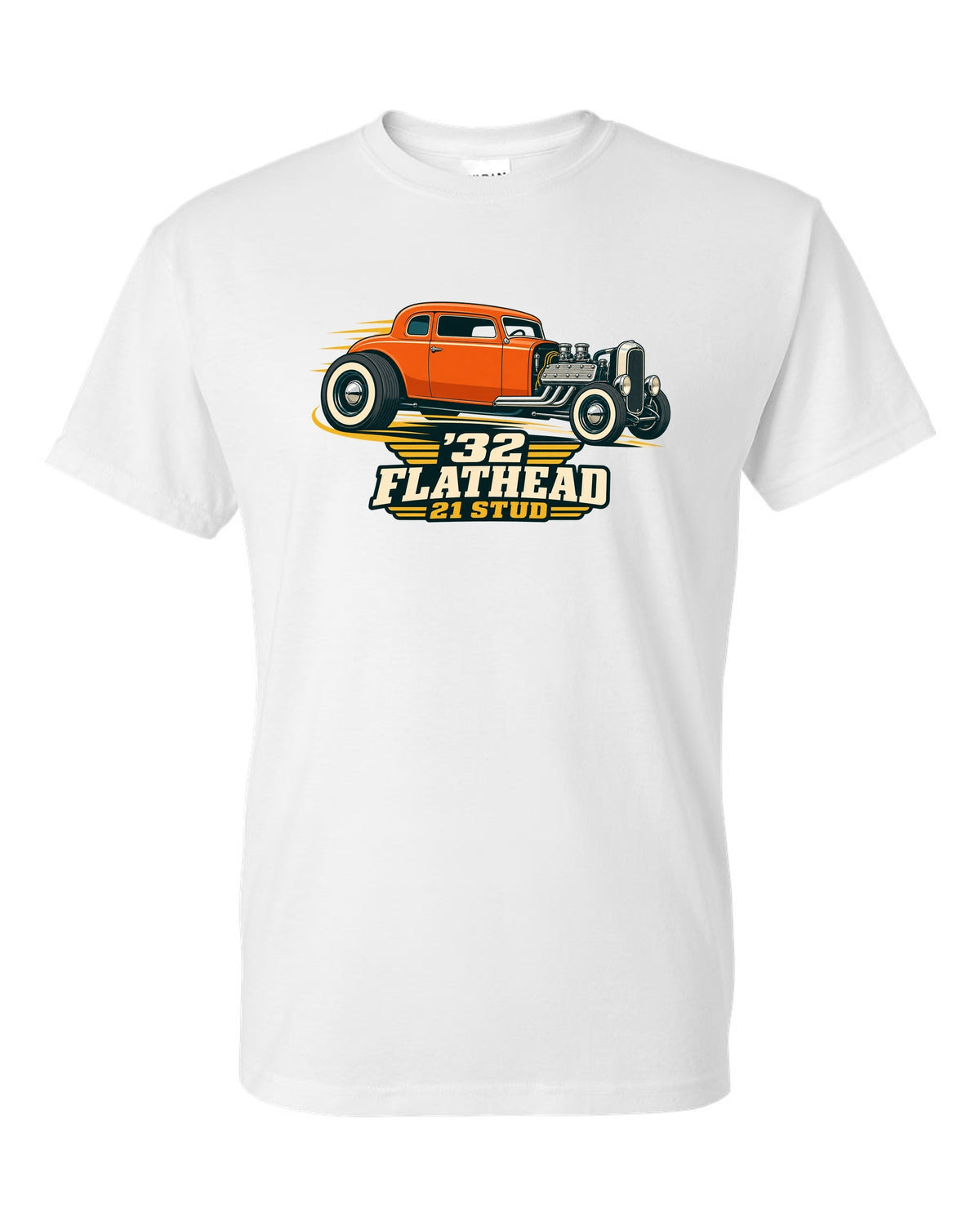 print of a two-tone flat vector 1932 Ford Deuce three-window coupe with flathead lettering white t-shirt front view with the design
