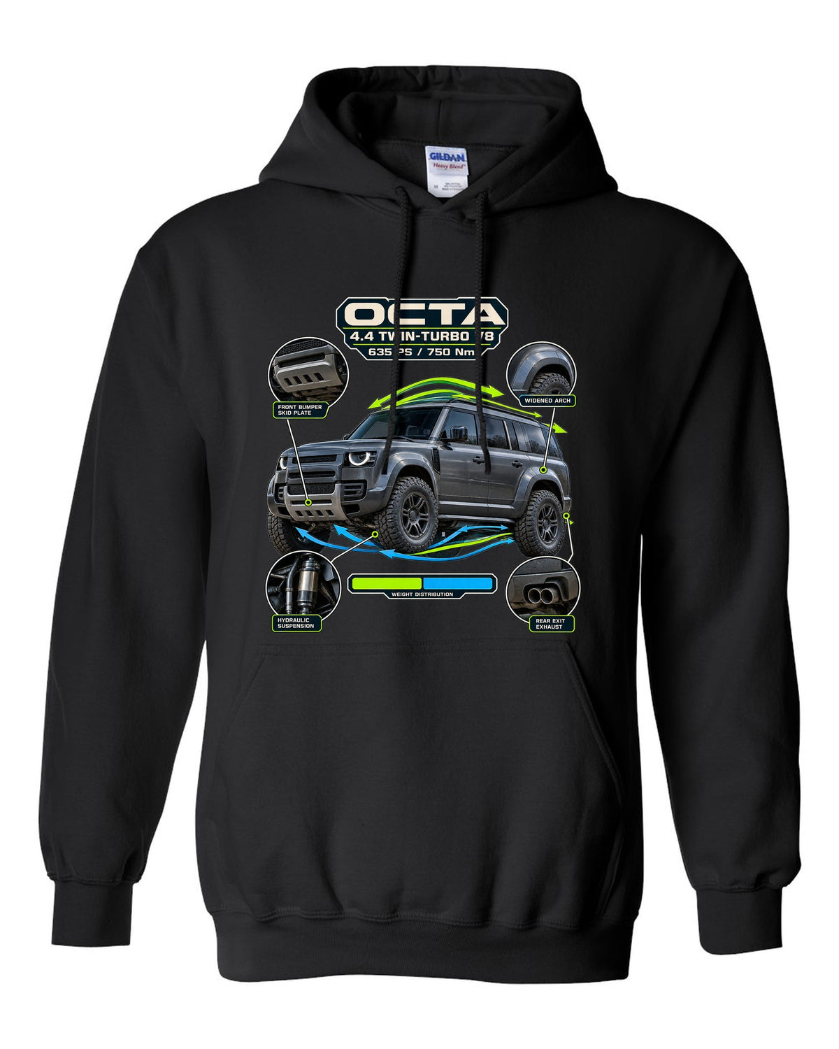 Aero callout print of the Land Rover Defender Octa with V8 power and torque figures black pull over hoodie front view with the design