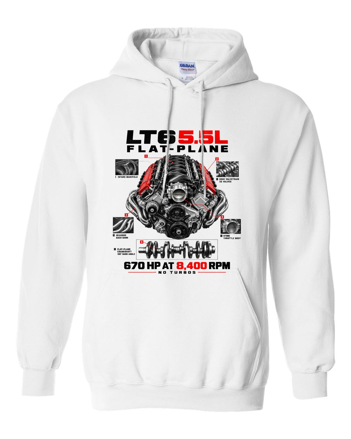 Corvette C8 Z06 LT6 5.5L flat-plane engine with central exhaust tips white pull over hoodie front view with the design