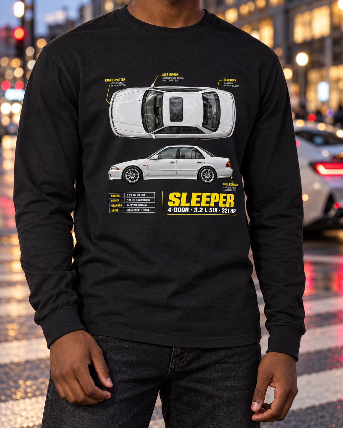 BMW E36 M3 Sedan Four-Door Sleeper Spec Poster Shirt Long Sleeve Black worn hero