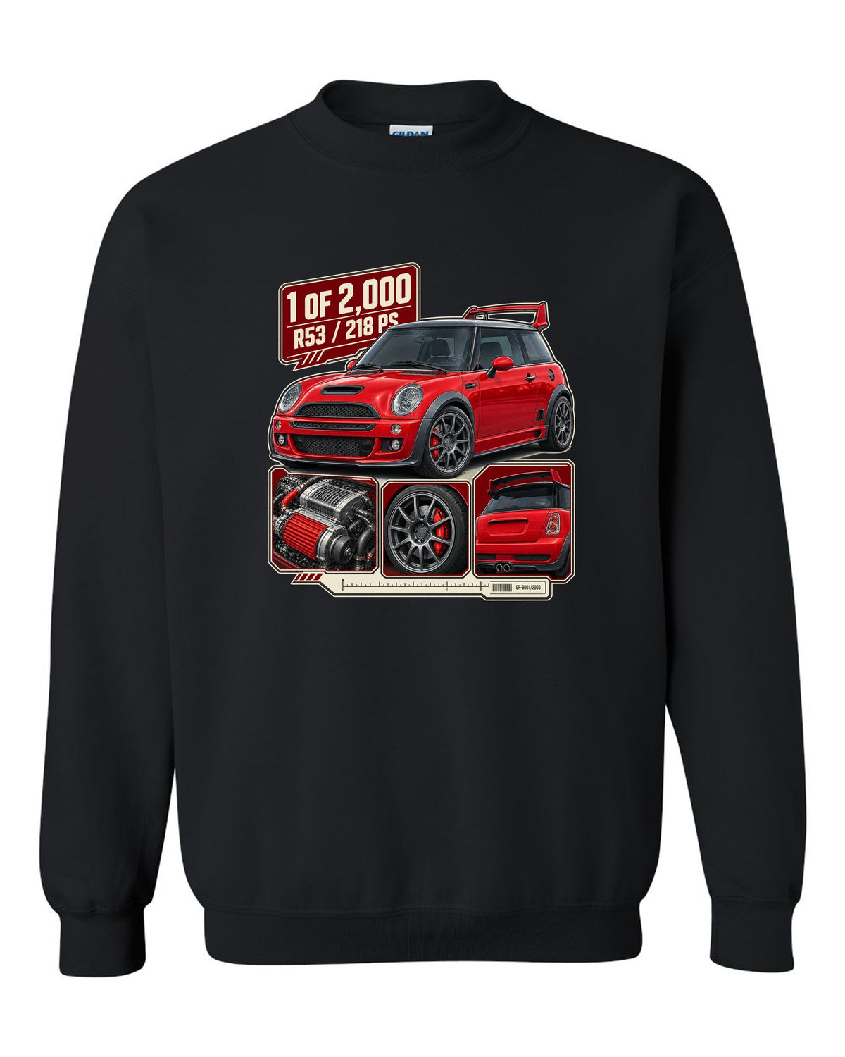 Dossier panel print for the Mini Cooper S Works GP R53 2006 showing 1 of 2,000 black crewneck front view with the design