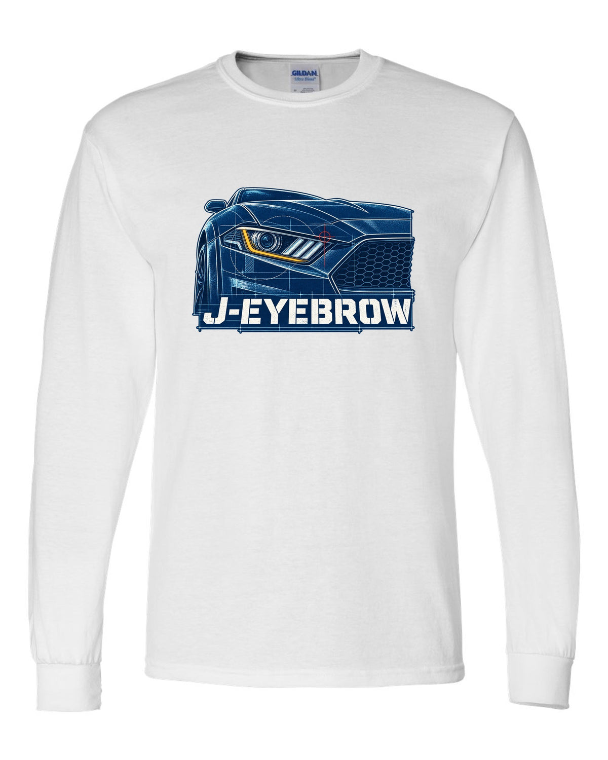Cyanotype blueprint of a 2015-2023 S550 Ford Mustang fastback with J-Eyebrow label white long sleeve front view with the design