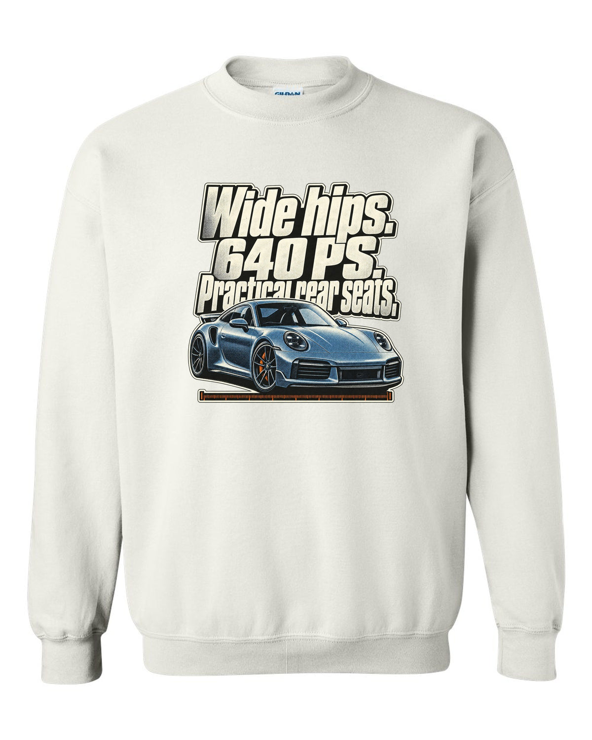 Halftone print of a Porsche 911 Turbo S 992 coupe with a three-line statement white crewneck front view with the design