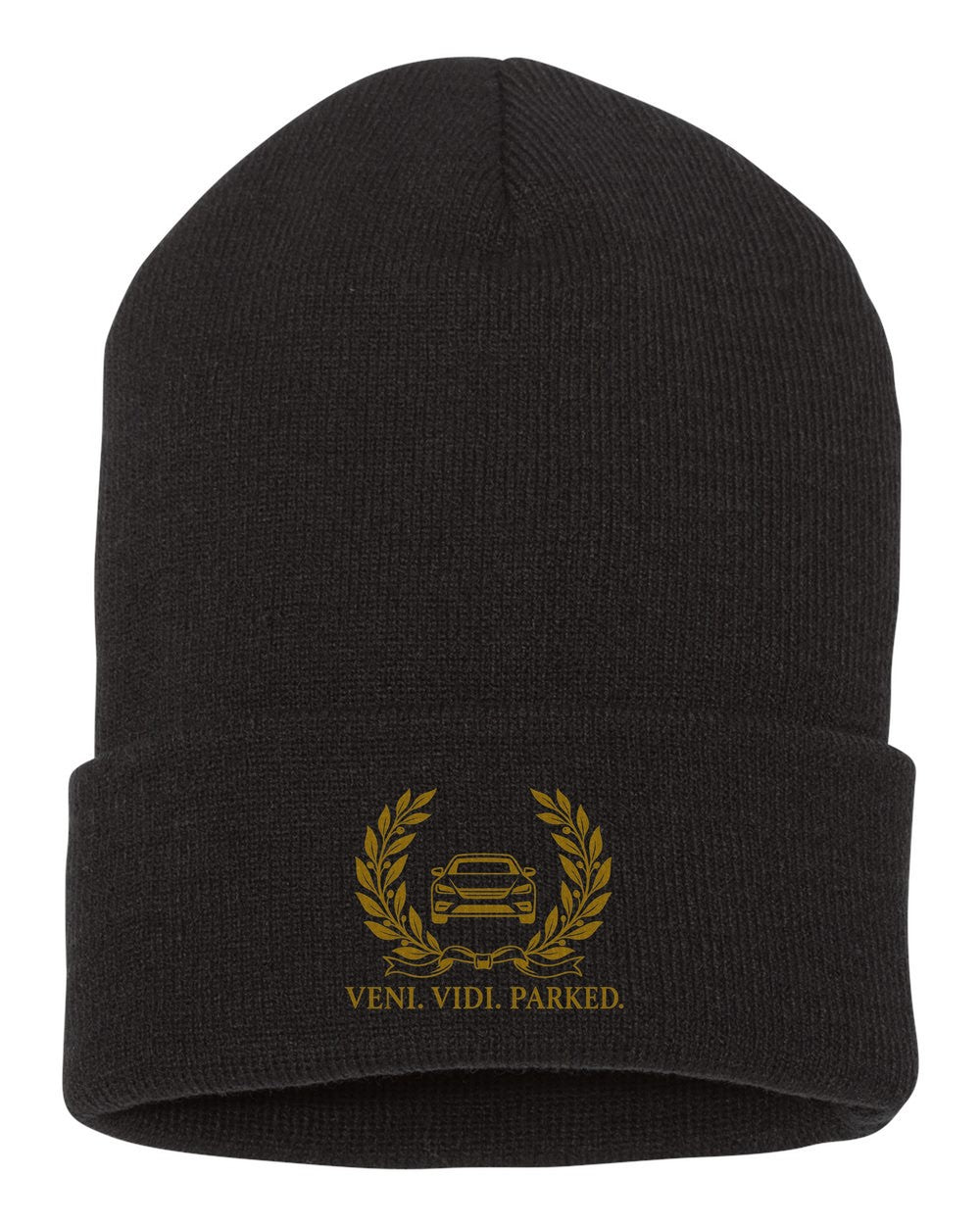 Veni Vidi Parked Funny Car Guy Shirt For Car Lovers black beanie front view with car name