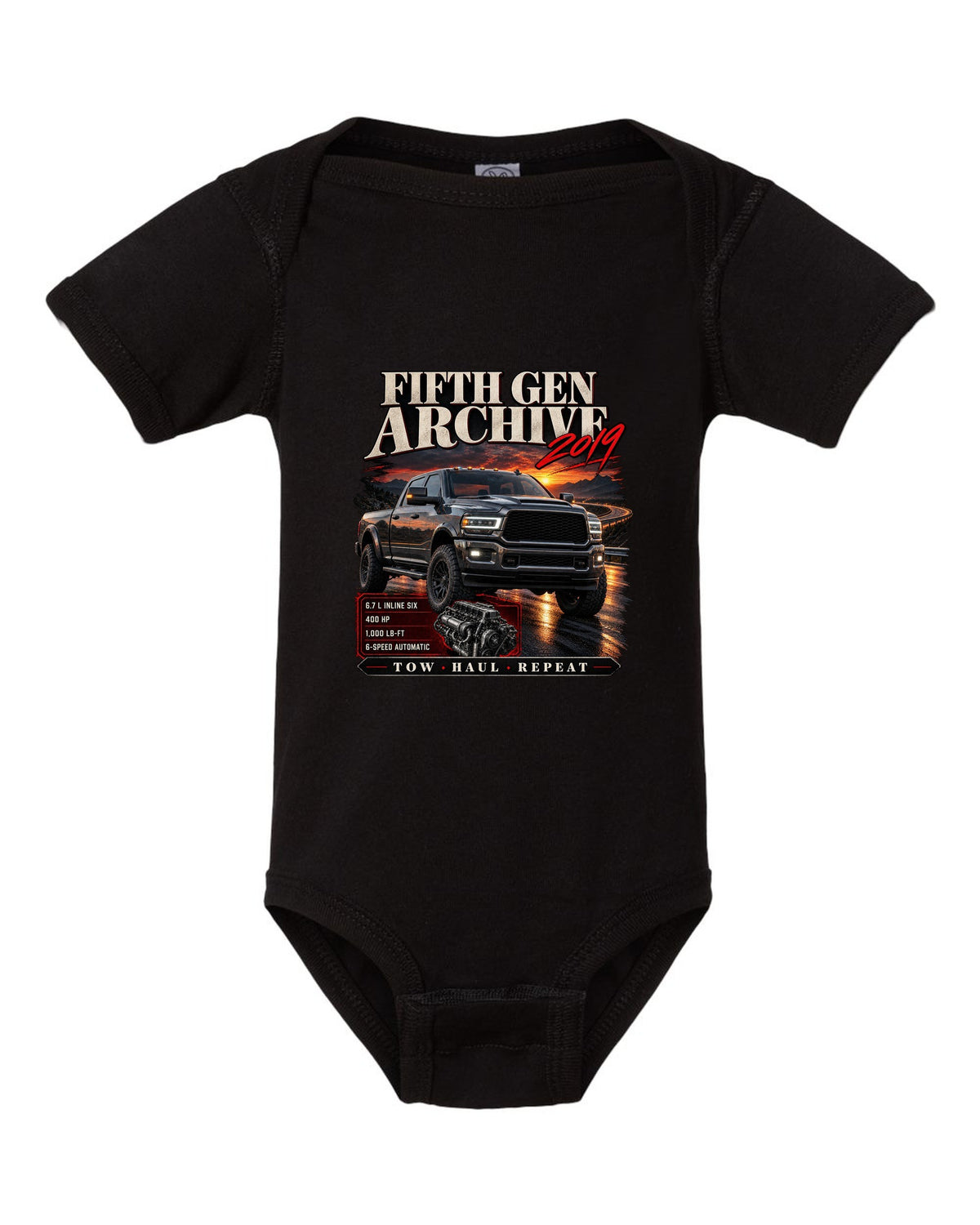 Archive panel print of a 2019 Ram HD 2500 6.7 HO diesel pickup with torque figure black baby onesie front view with the design