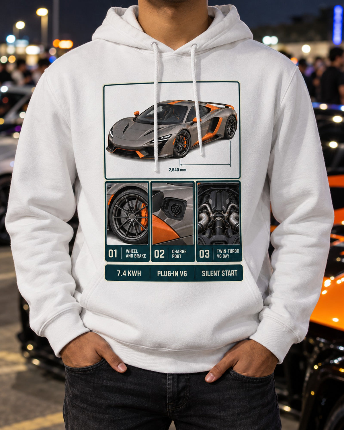 McLaren Artura Dossier Panels Tee, Plug-In V6 Car Shirt Pull Over Hoodie White worn hero