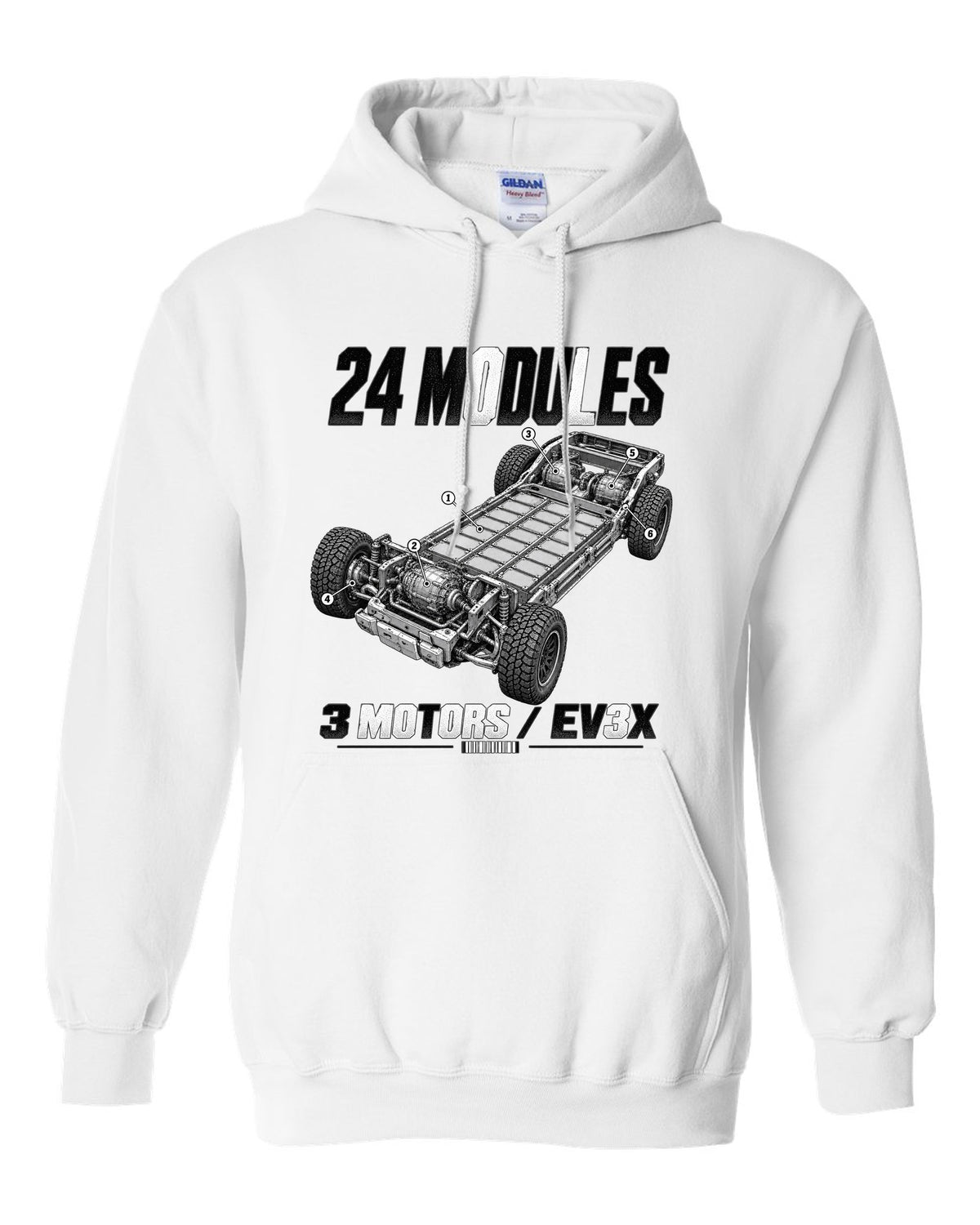 Cutaway of the GMC Hummer EV pickup battery pack and motors with labels white pull over hoodie front view with the design