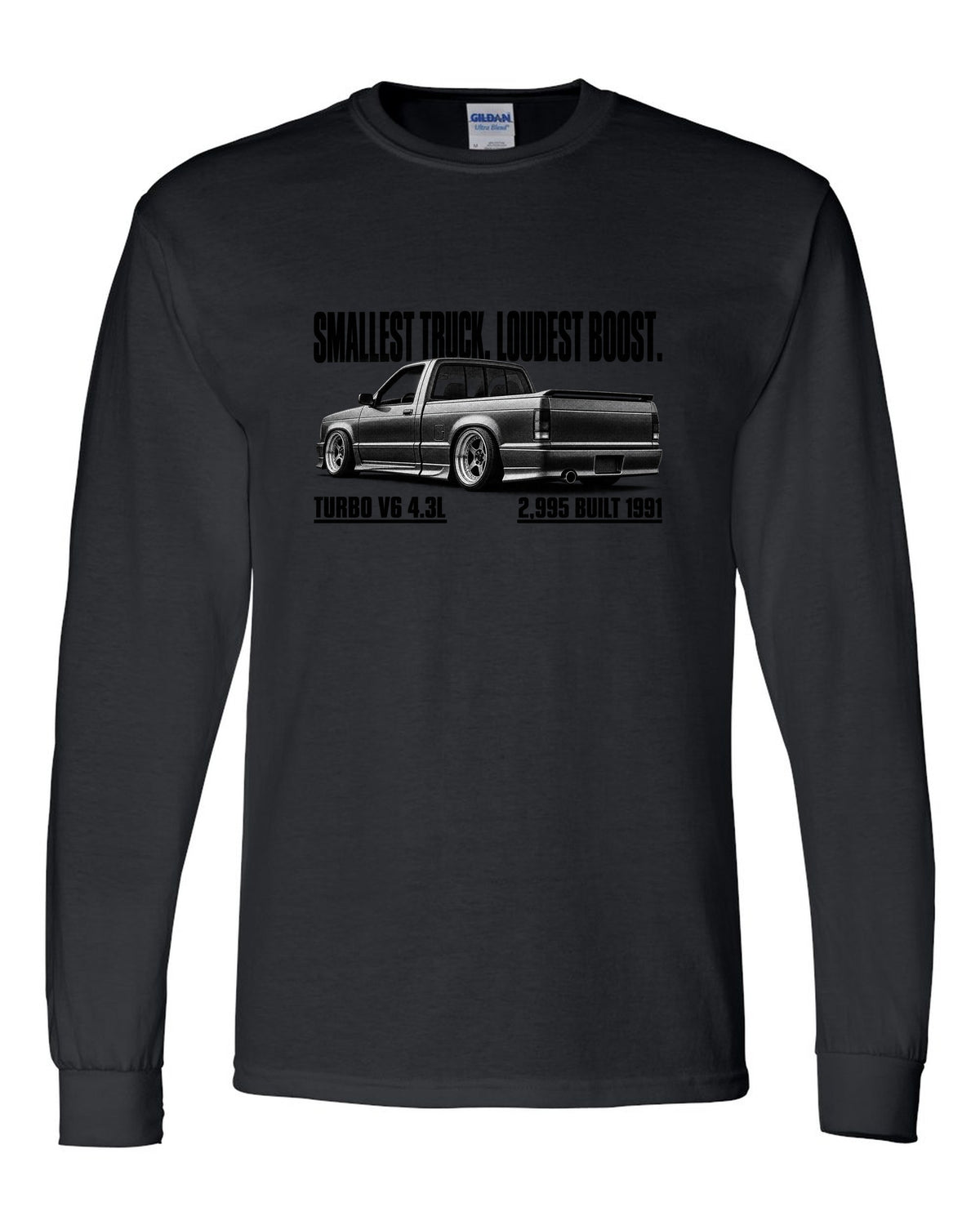 1991 GMC Syclone halftone profile with boost headline, print black long sleeve front view with the design