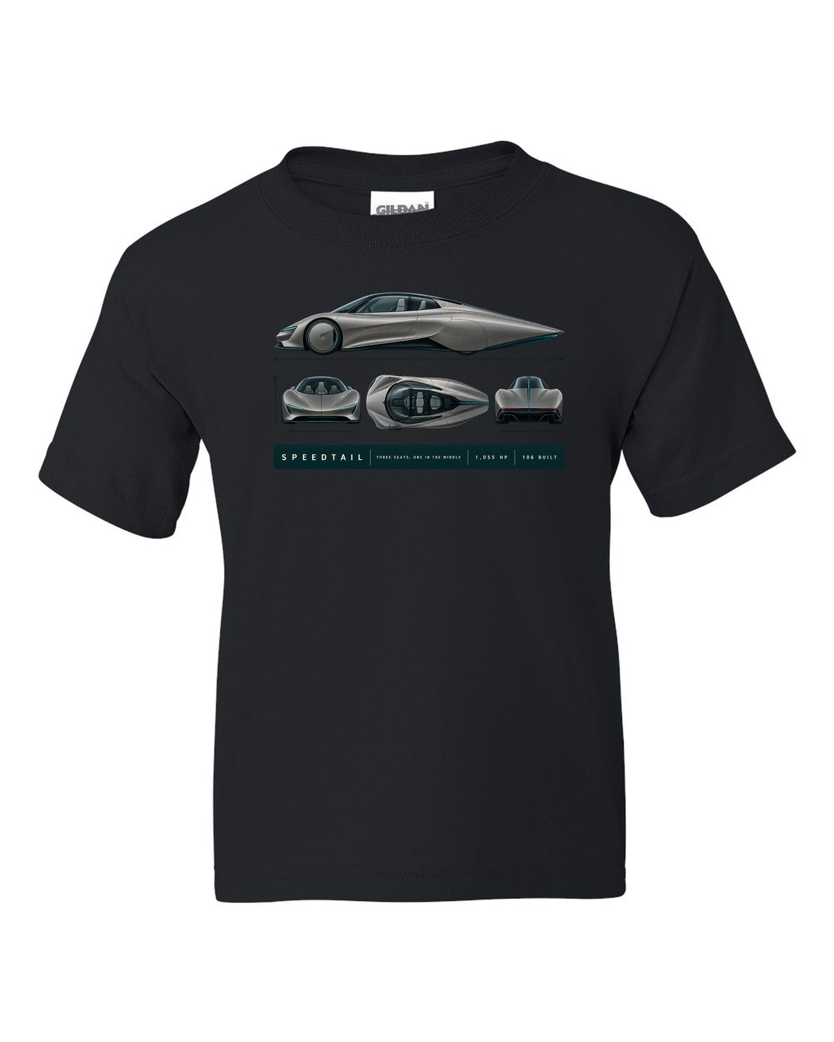 Warm grey and teal length blueprint print of a McLaren Speedtail black kids tee front view with the design