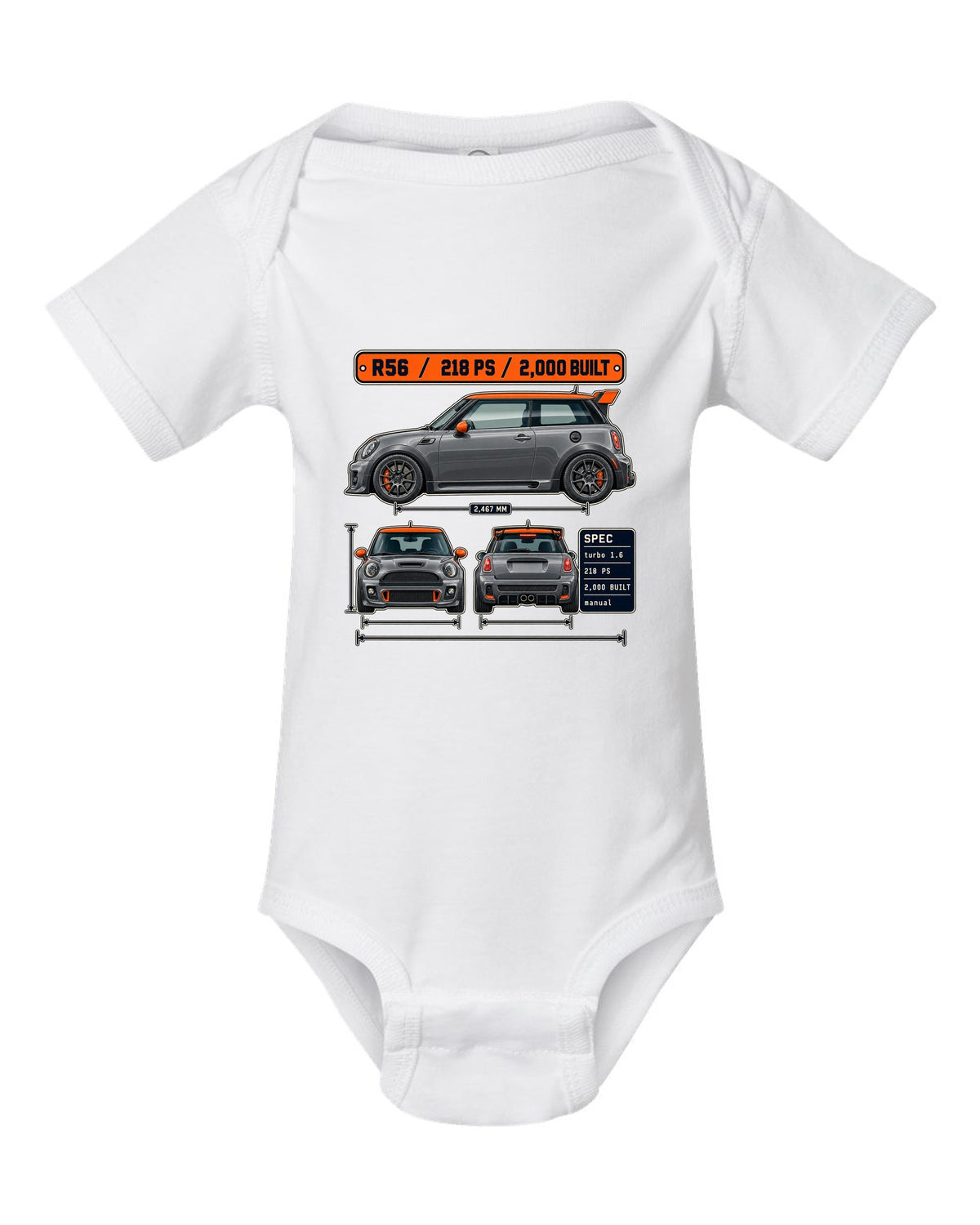 Three-view and spec table print for the Mini JCW GP R56 2012 with 2,000 built text white baby onesie front view with the design