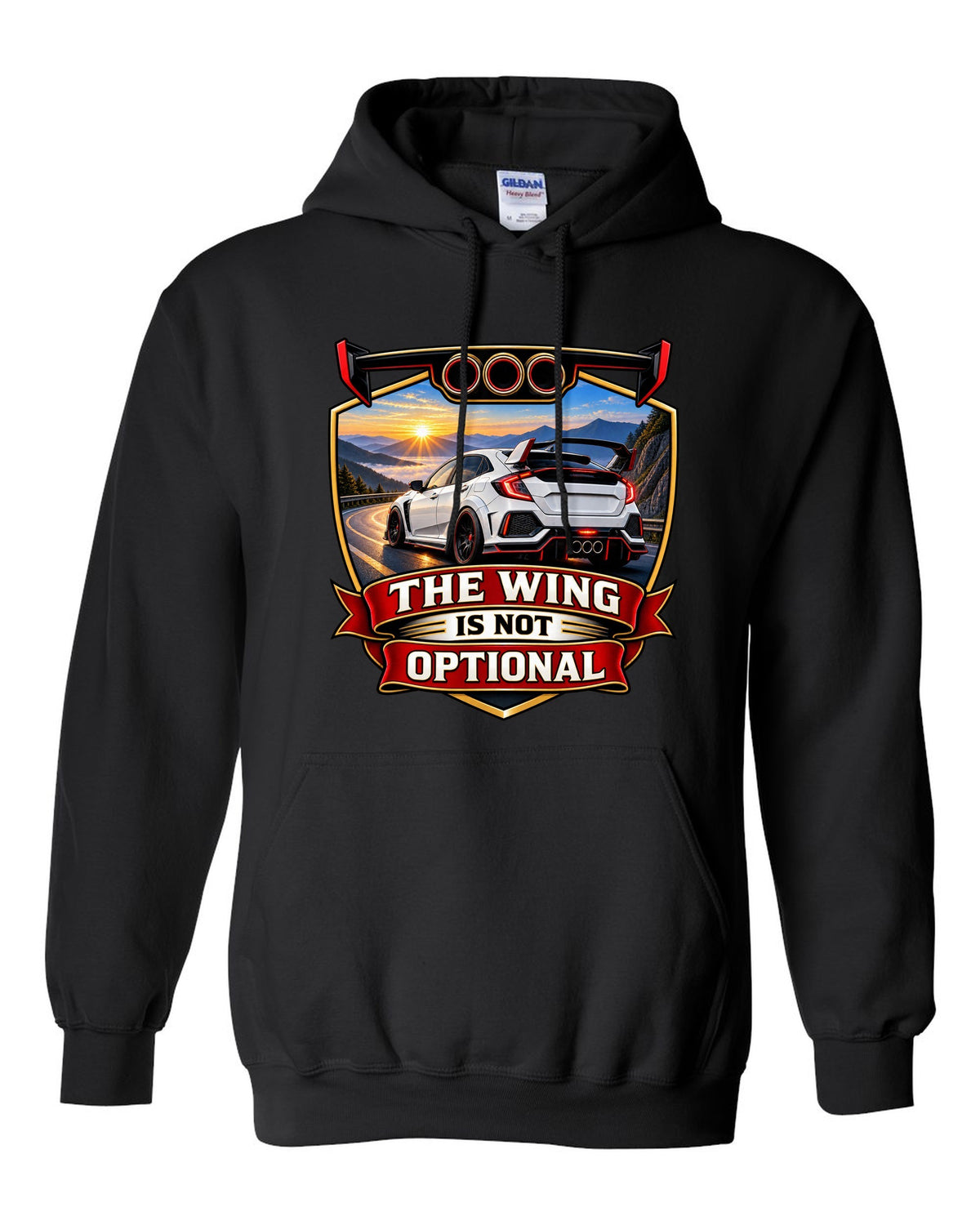 Racing shield print of a Honda Civic Type R FK8 ch with the wing is not optional text black pull over hoodie front view with the design