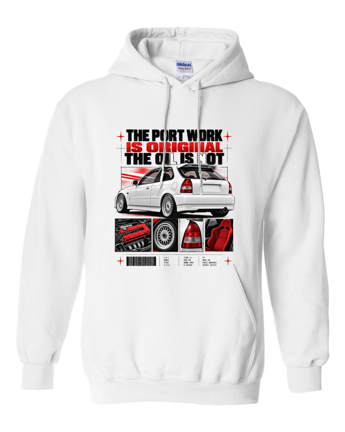 Dossier panel print of a 1998 Honda Civic EK9 chback with port work text white pull over hoodie front view with the design