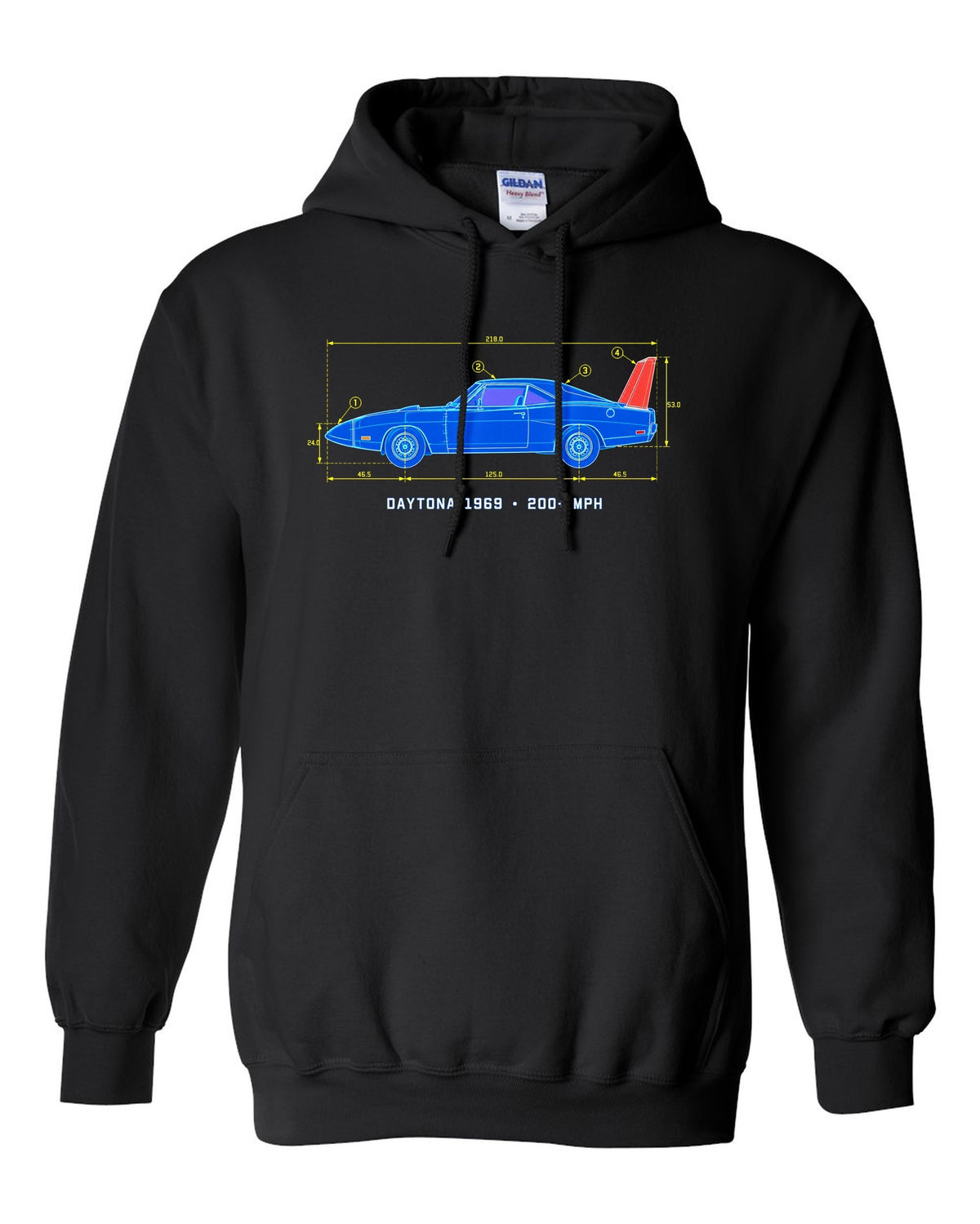 1969 Dodge Charger Daytona blueprint patent sheet print with 200+ MPH text black pull over hoodie front view with the design