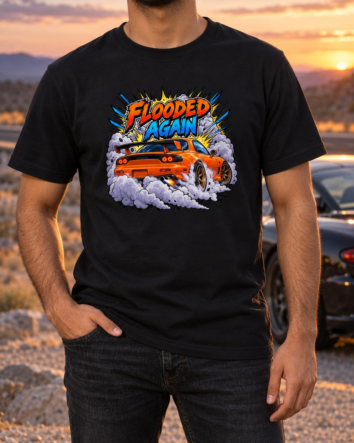Mazda RX-7 FD3S Comic Burnout print Tee, Rotary Gift T-Shirt Black worn hero