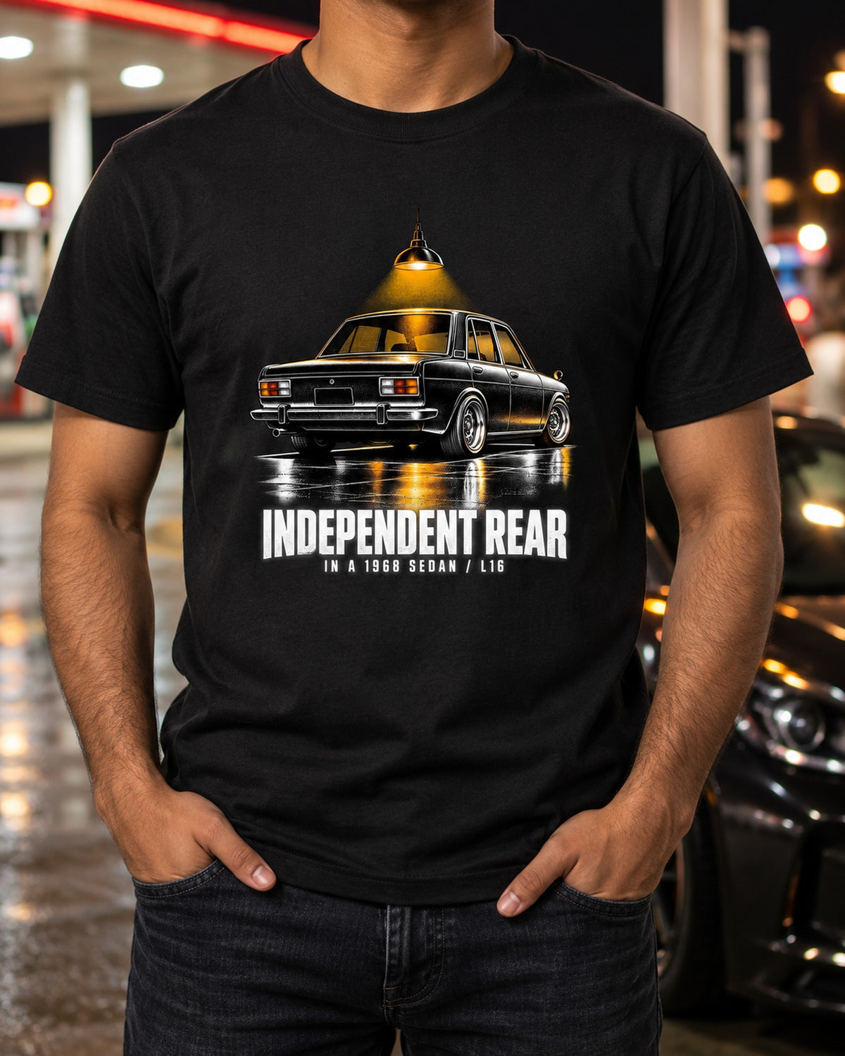 Datsun 510 PL510 Sedan Rear 3/4 Garage Night Tee, L16 Print T-Shirt Black worn hero