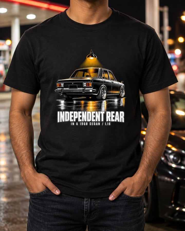 Datsun 510 PL510 Sedan Rear 3/4 Garage Night Tee, L16 Print T-Shirt Black worn hero