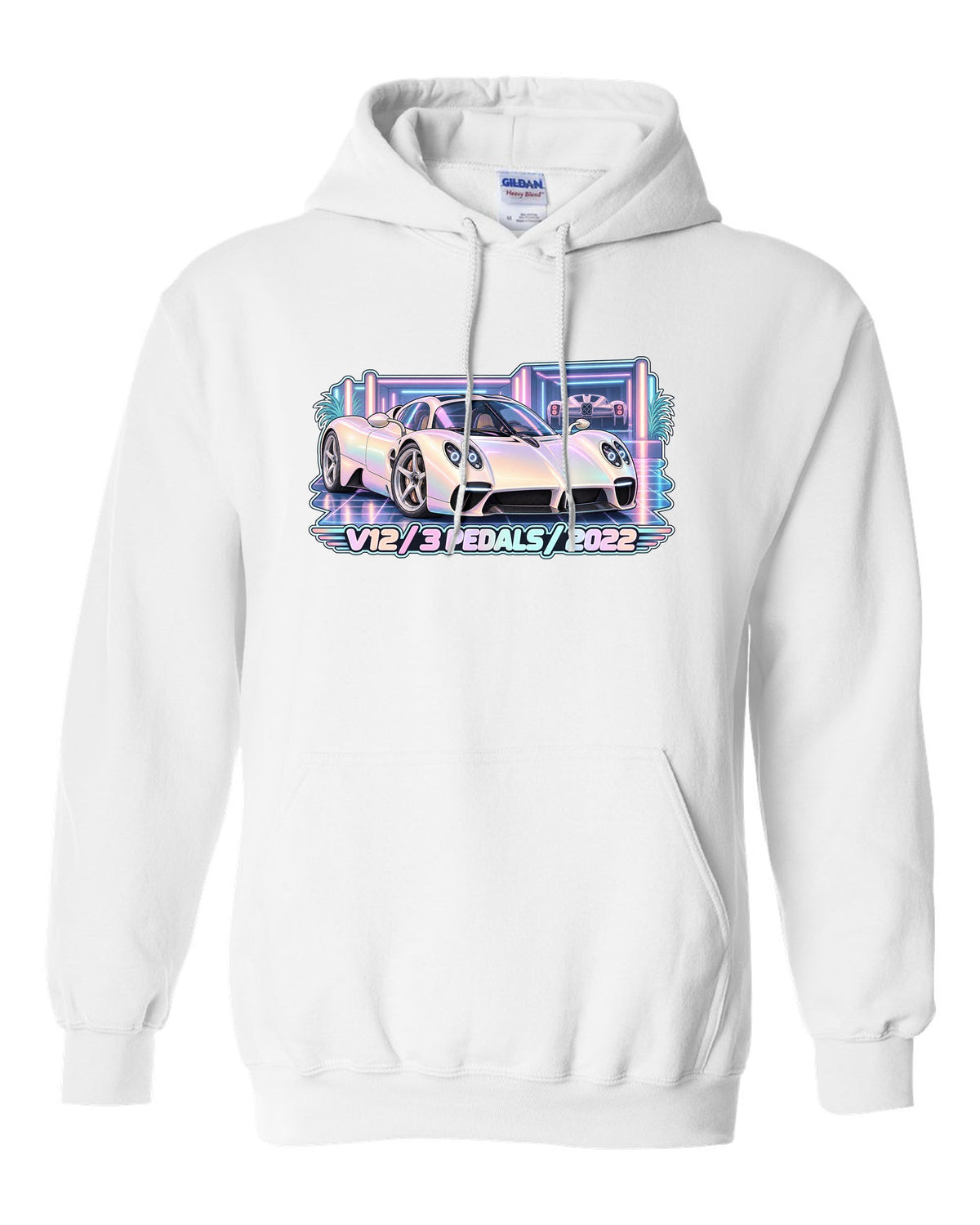 Pastel vaporwave garage illustration of a Pagani Utopia with V12 3 PEDALS 2022 lettering white pull over hoodie front view with the design