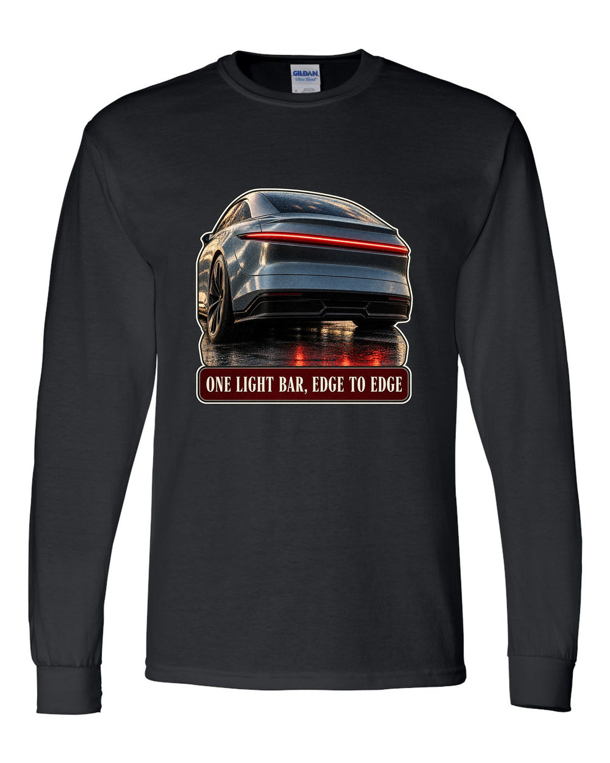 Taillight macro print of a Lucid Air Sapphire with a single light bar black long sleeve front view with the design