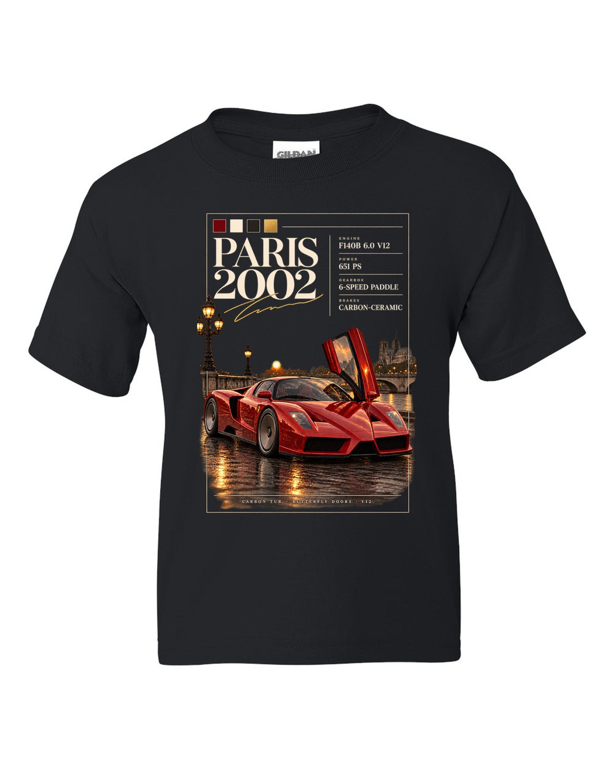 Ferrari Enzo 2002 front three-quarter archive panel print, Paris 2002, F140B V12, 651 PS black kids tee front view with the design