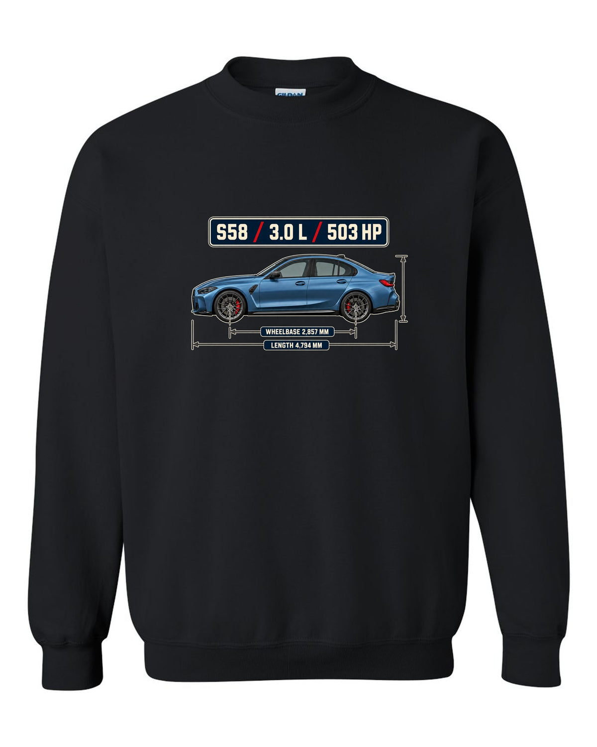 BMW M3 Competition G80 dimension blueprint print with S58 specs black crewneck front view with the design