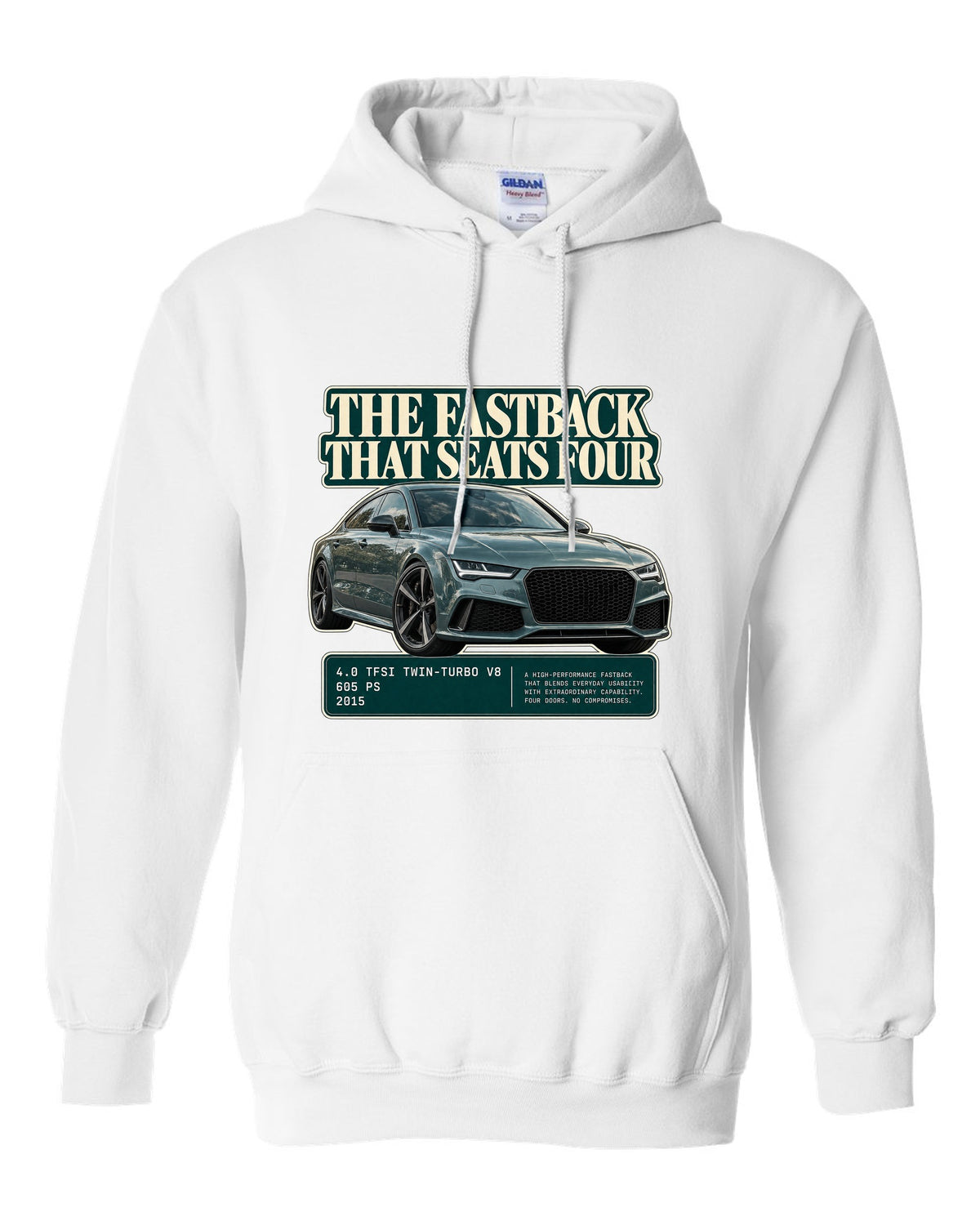 Audi RS7 Sportback C7 editorial headline print on a tee white pull over hoodie front view with the design