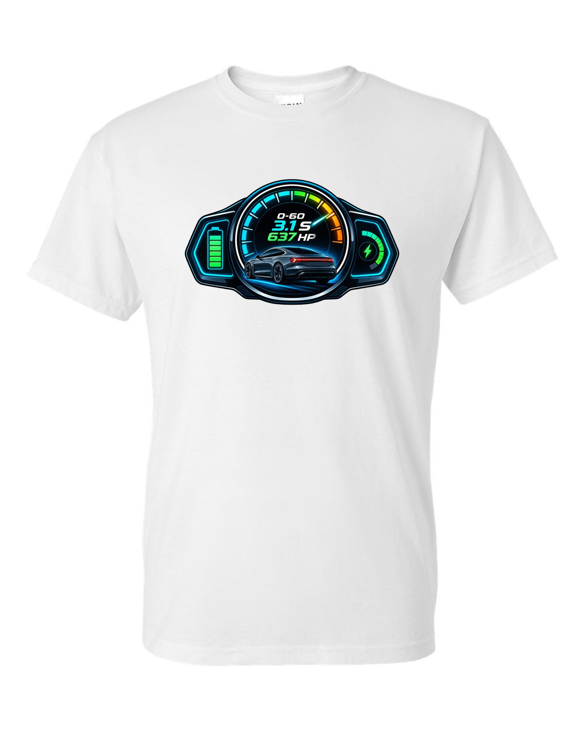 HUD gauge cluster print of an Audi e-tron GT with 0-60 and horsepower figures white t-shirt front view with the design