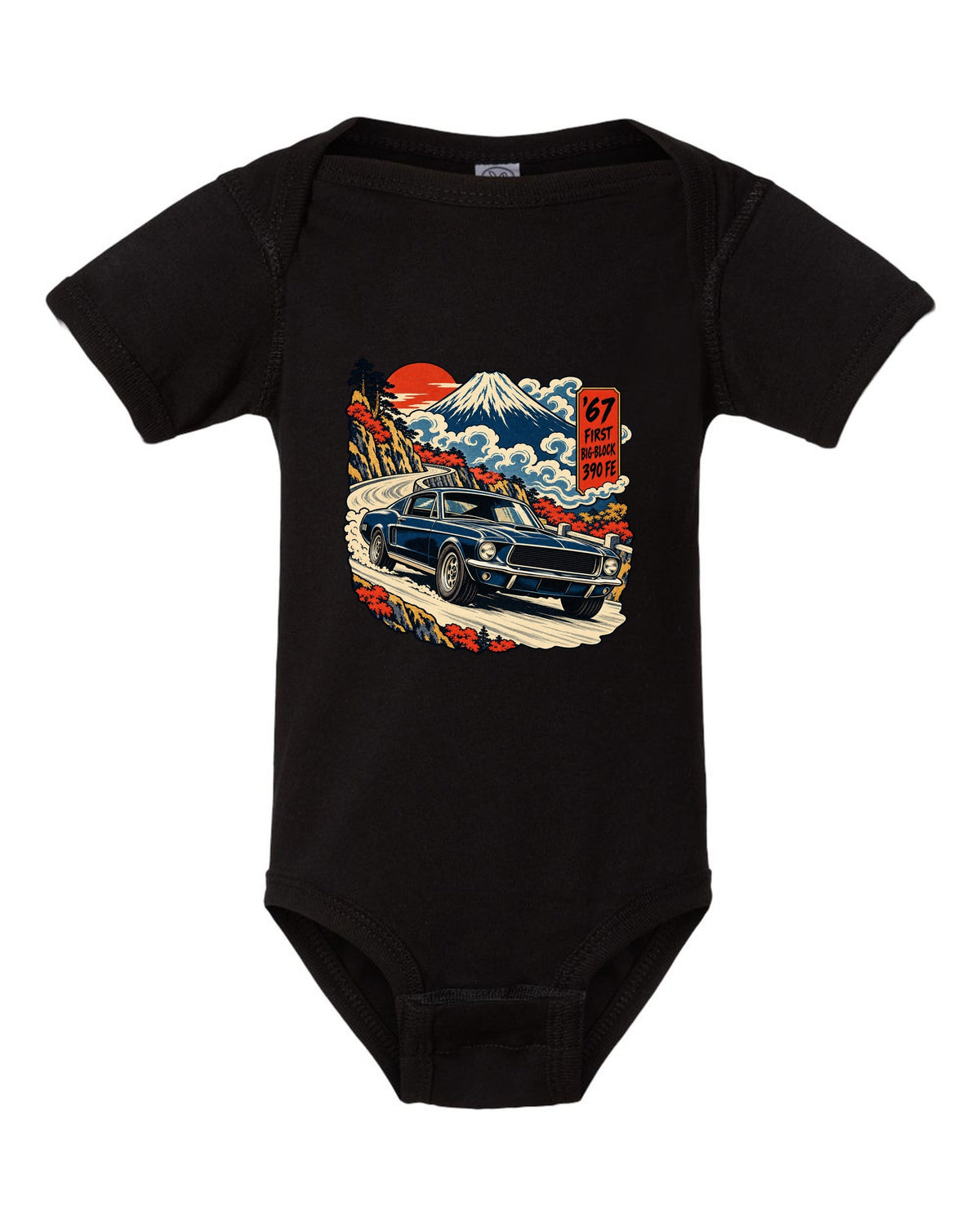 Ukiyo-e woodblock print of a 1967 Ford Mustang fastback with 390 FE first big-block text black baby onesie front view with the design