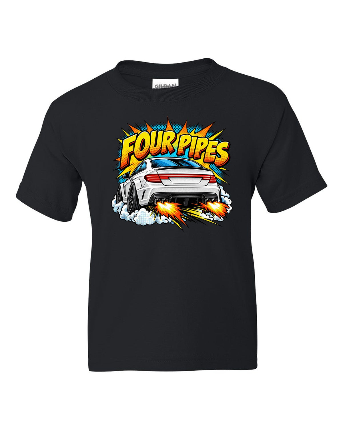 Comic halftone pop-art of the exhaust end of a Mercedes C63 Coupe C204 black kids tee front view with the design