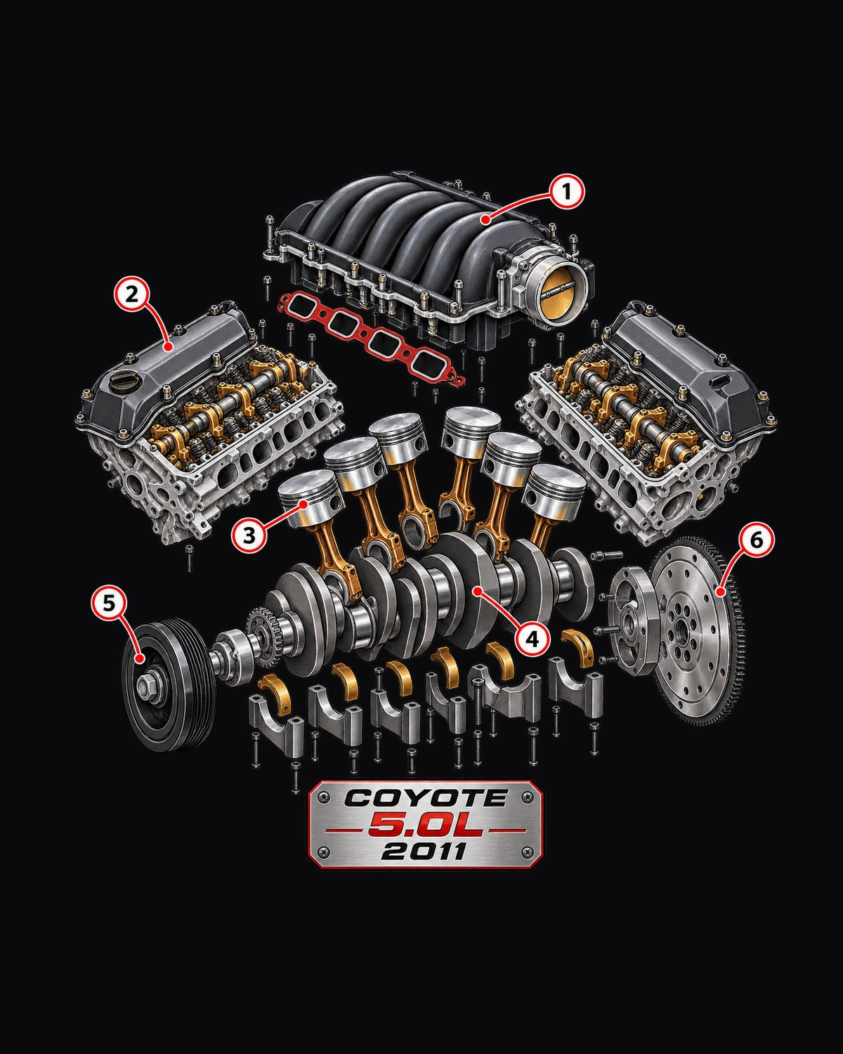 Ford Coyote 5.0L Exploded Engine Block Shirt, S197 Mustang design only