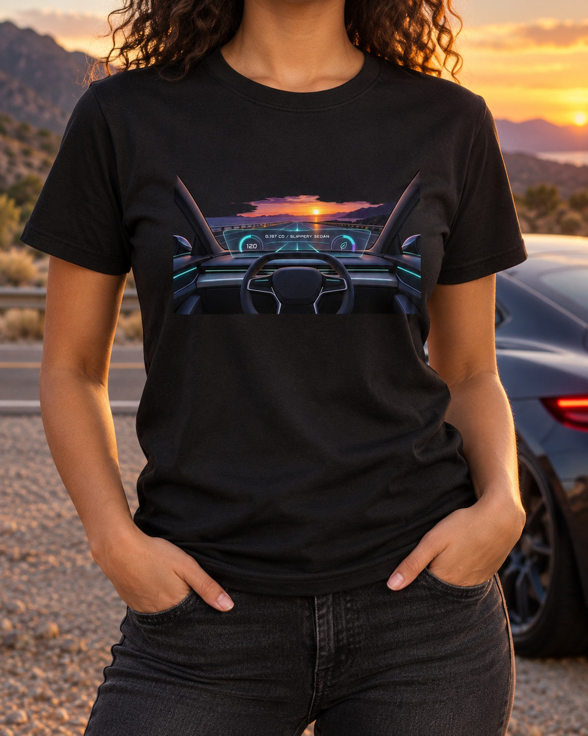 Lucid Air Sapphire Drag Coefficient Gauge HUD Shirt T-Shirt Black worn hero