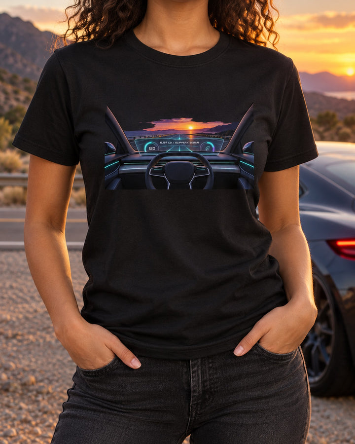Lucid Air Sapphire Drag Coefficient Gauge HUD Shirt T-Shirt Black worn hero