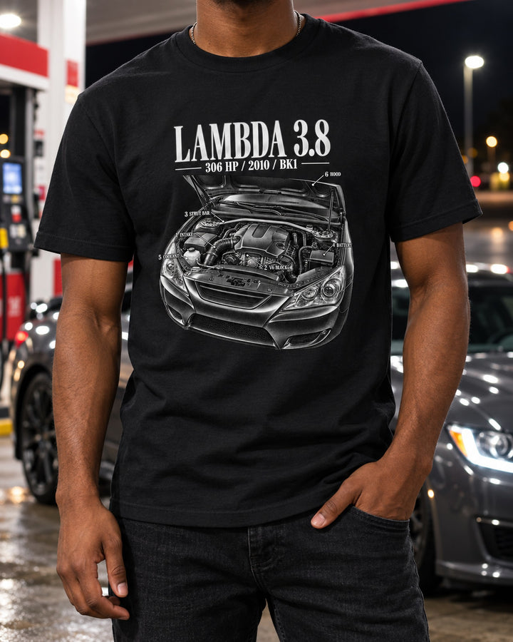 Hyundai Genesis Coupe 3.8 BK1 Engine Hero Shirt, Lambda V6 Tee T-Shirt Black worn hero