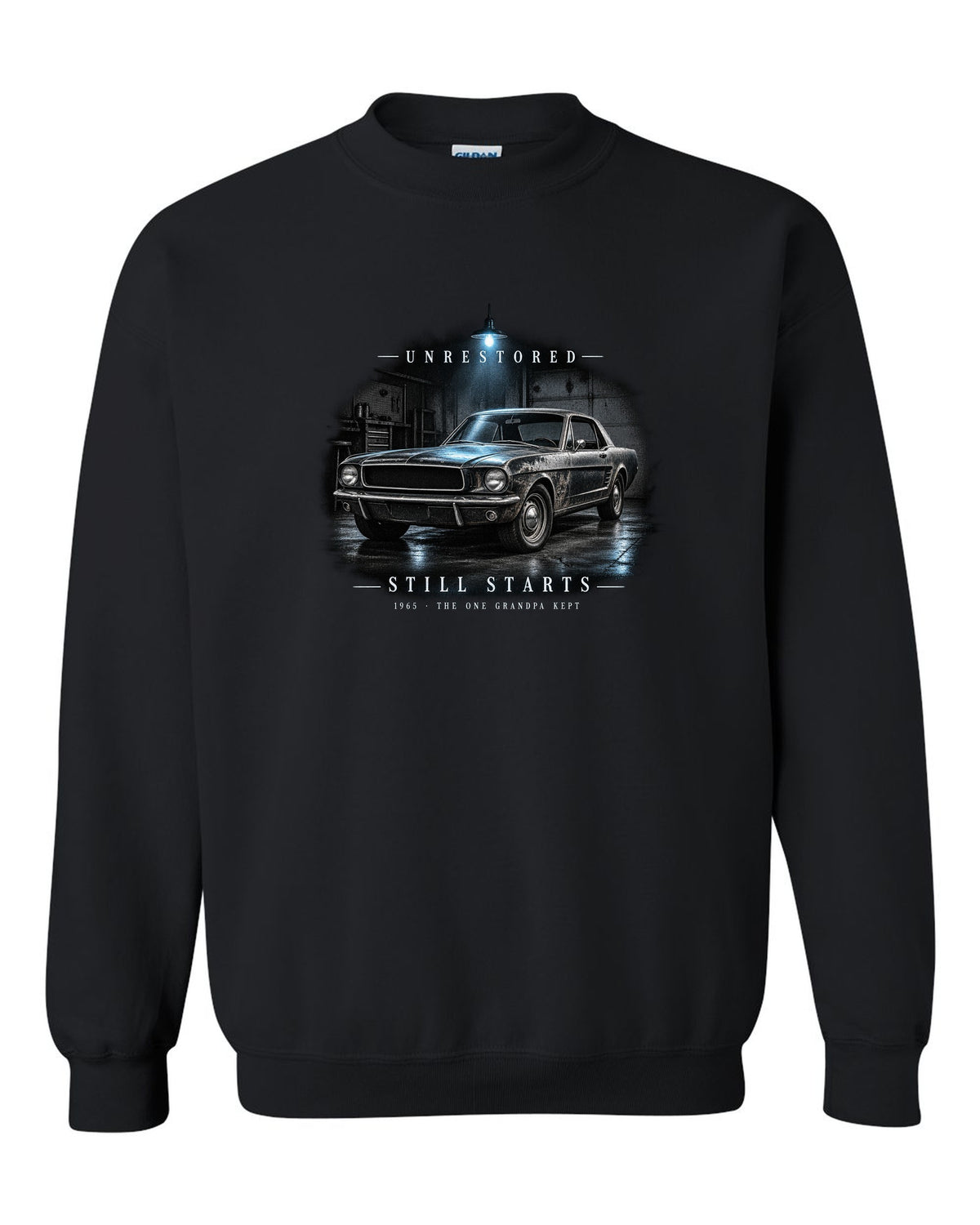 Garage night illustration of a white 1965 Ford Mustang coupe with unrestored still starts lettering black crewneck front view with the design