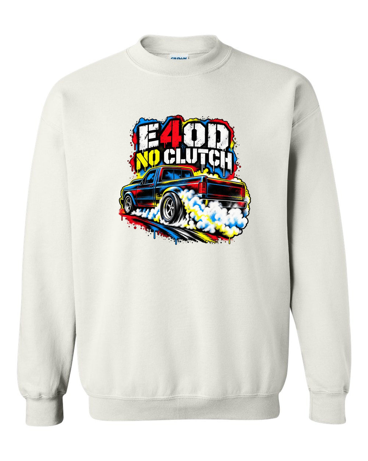 Ford F-150 SVT Lightning first gen burnout in a stencil spray print white crewneck front view with the design