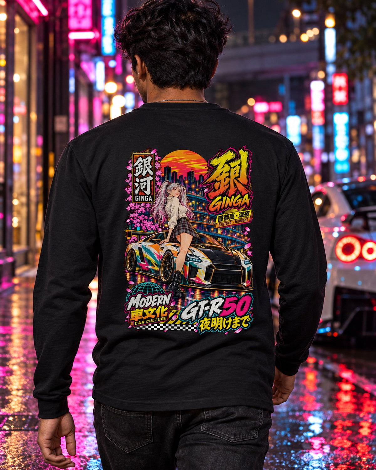 GINGA GT-R50 Anime Girl Full-Back Graphic Tee Long Sleeve Black worn hero