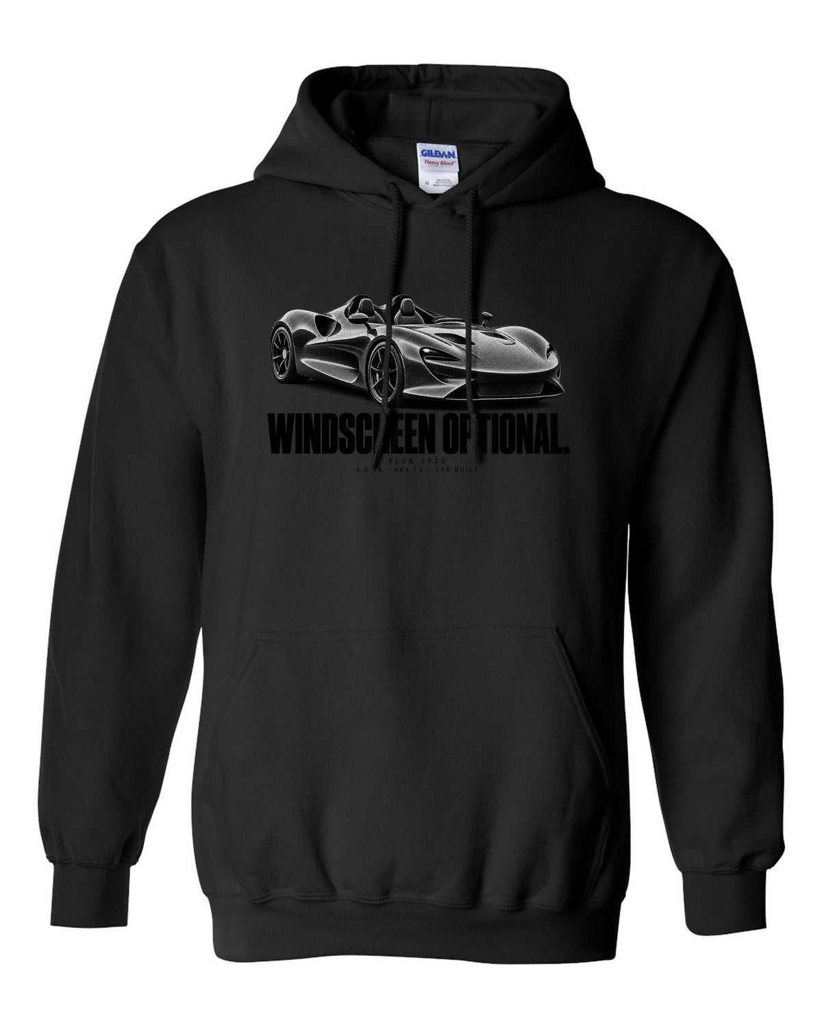 Halftone print of a 2020 McLaren Elva with windscreen optional text and 804 PS black pull over hoodie front view with the design