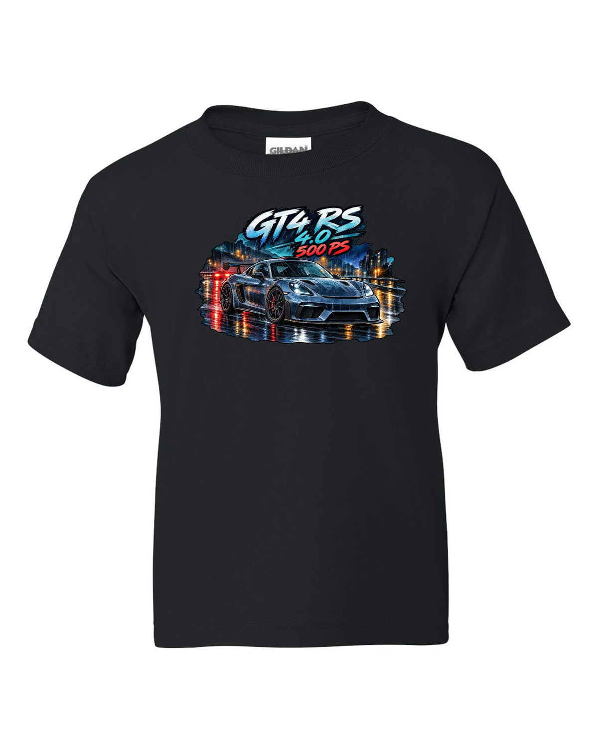 Porsche 982 Cayman GT4 RS wet road night watercolour design with 4.0 500 PS text black kids tee front view with the design