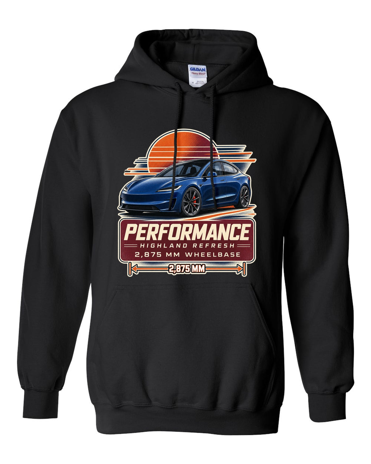 Spec poster print of a Tesla Model 3 Performance Highland refresh black pull over hoodie front view with the design
