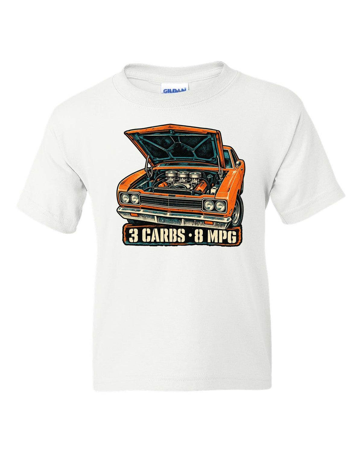 Four-colour grunge screen-print of a 1969 Plymouth Road Runner Six Pack with 3 carbs 8 MPG text white kids tee front view with the design