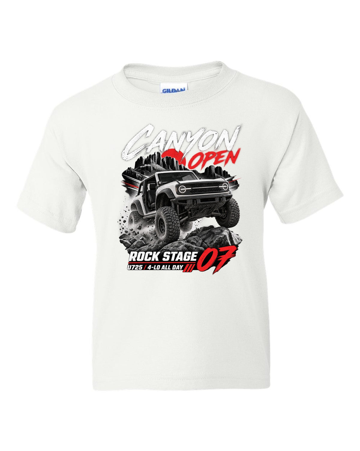 Ford Bronco 2021 two-door U725 race poster print with Rock Stage 07 and 4-Lo text white kids tee front view with the design