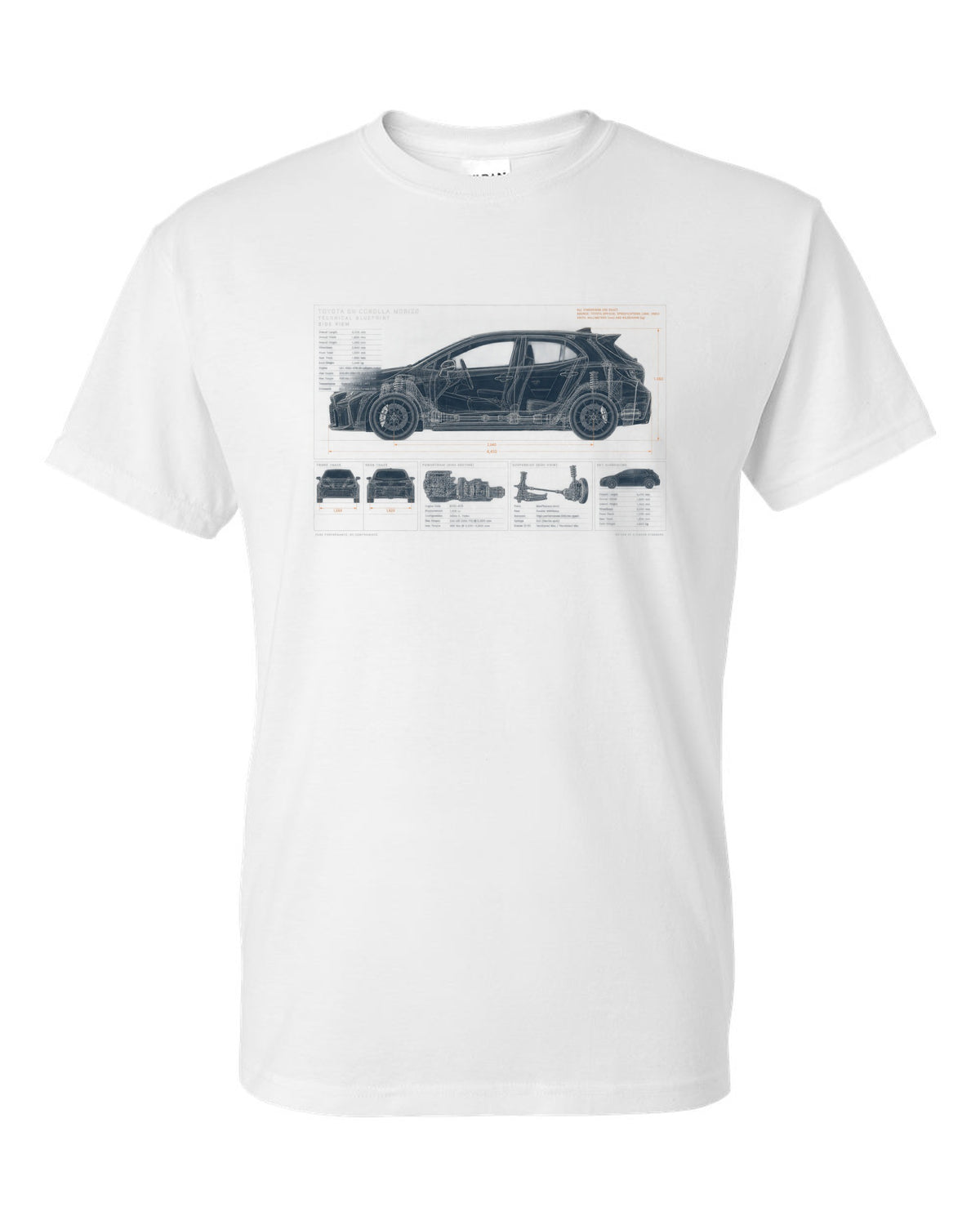 Toyota GR Yaris 2024 facelift front three-quarter with editorial headline white t-shirt front view with the design