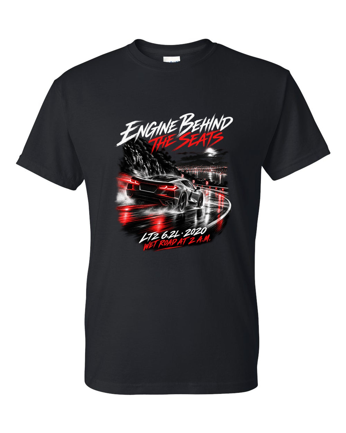 Corvette C8 Stingray driving on a wet road at night black t-shirt front view with the design