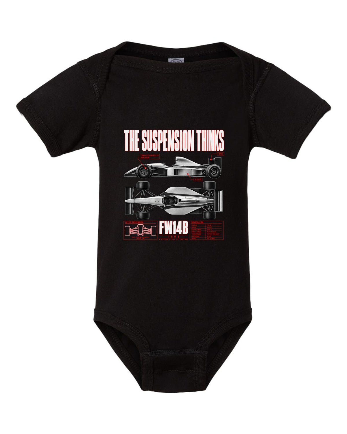 Williams FW14B spec poster print with active ride and V10 text black baby onesie front view with the design
