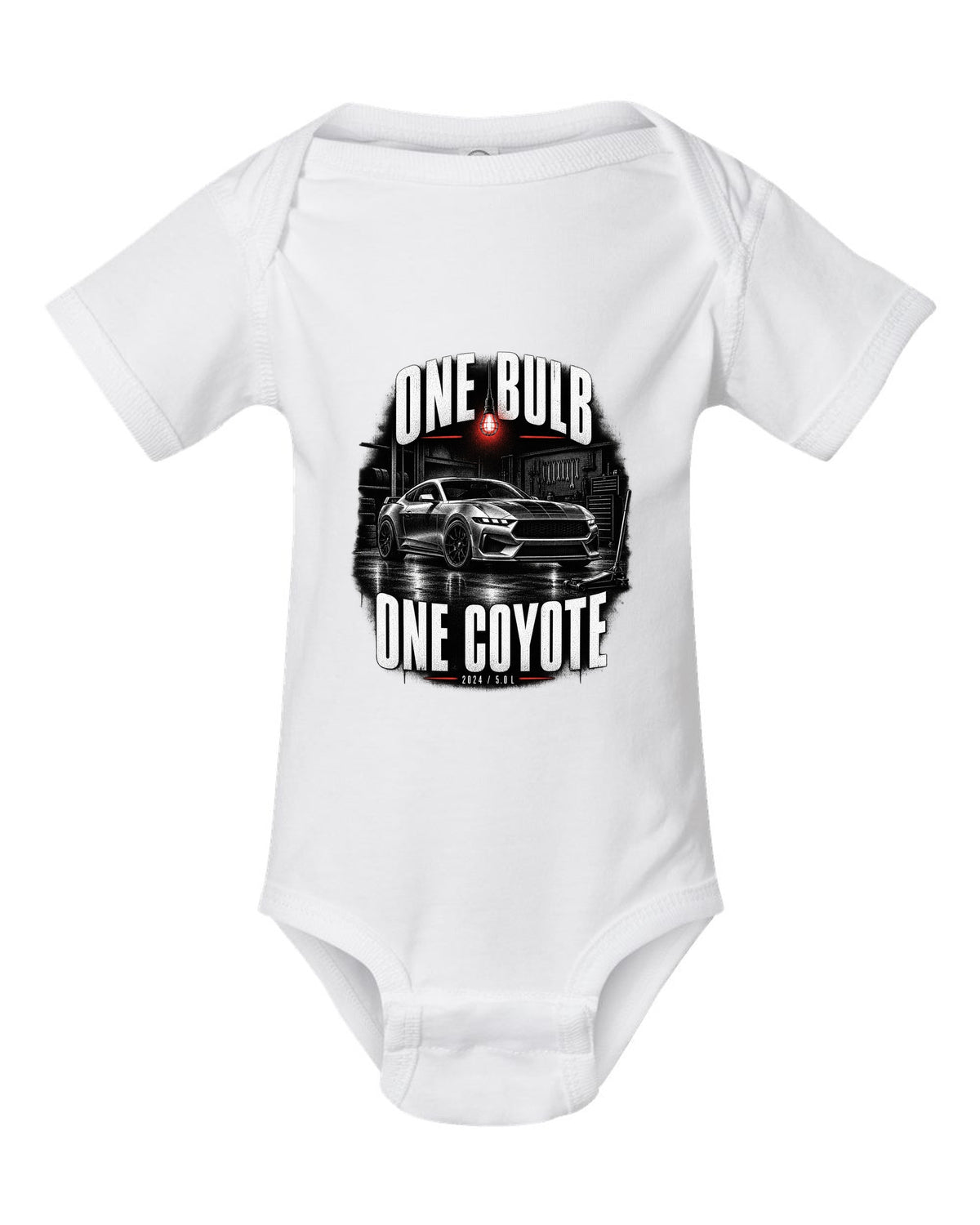 Ford Mustang S650 GT coupe in a dimly lit garage, one bulb one Coyote print white baby onesie front view with the design